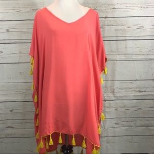 Beach Cover Up With Tassel Trim Coral L and XL Cheery Orange Yellow
